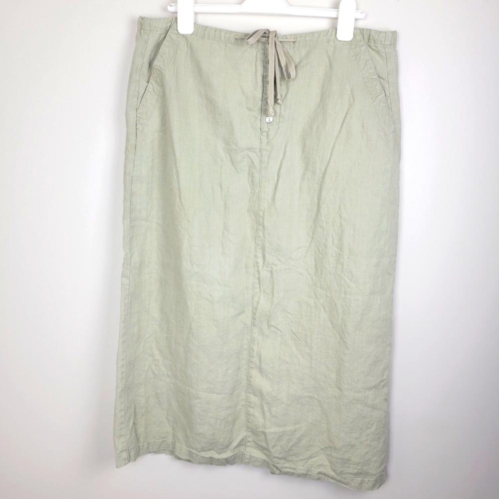 Vintage EDDIE BAUER 100% Linen Khaki Midi Drawstring Waist Skirt Size 14